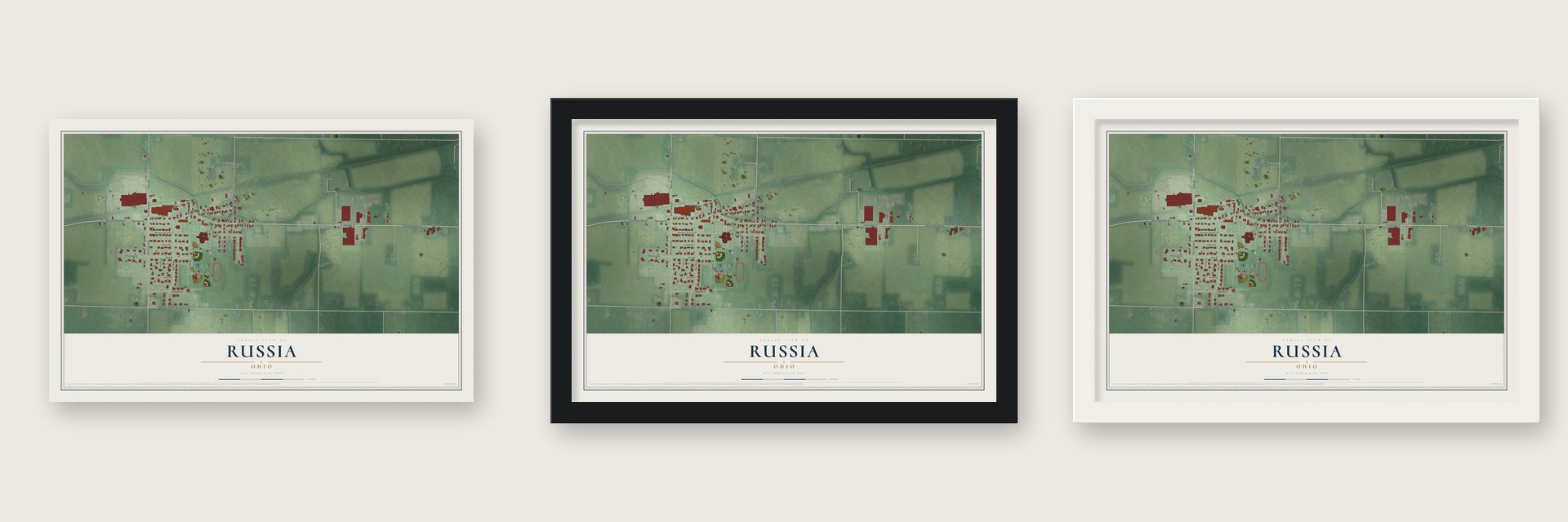 Russia, Ohio map unframed, in a black wood frame and in a white wood frame