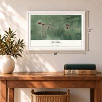 Russia, Ohio map, 12 x 18 inch print in a white frame in an entryway