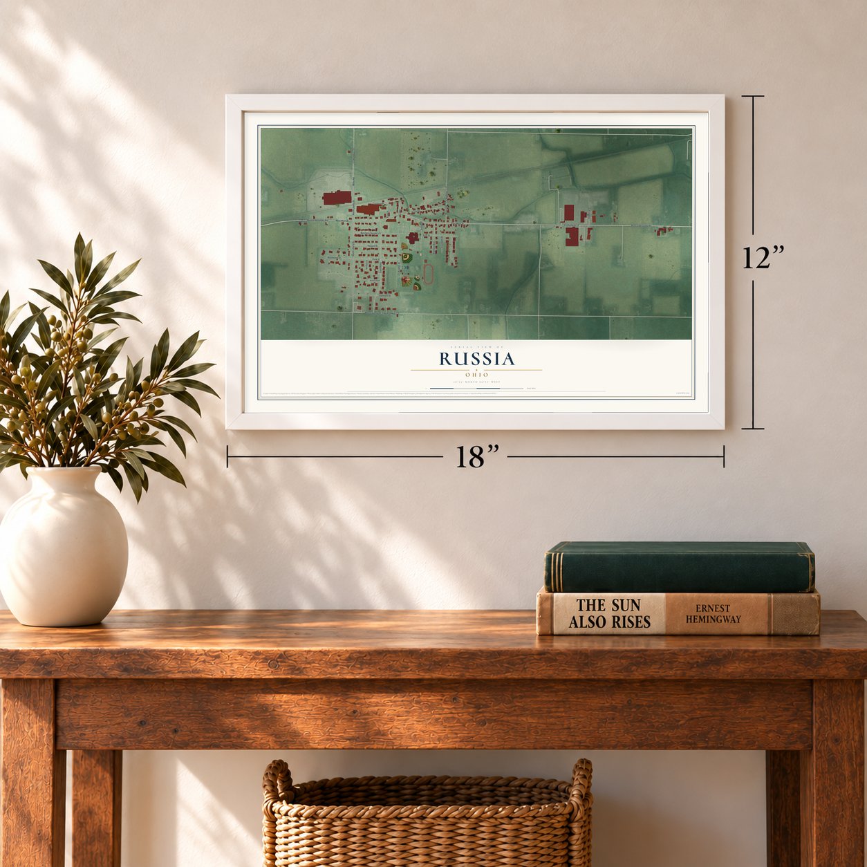 Russia, Ohio map, 12 x 18 inch print in a white frame in an entryway