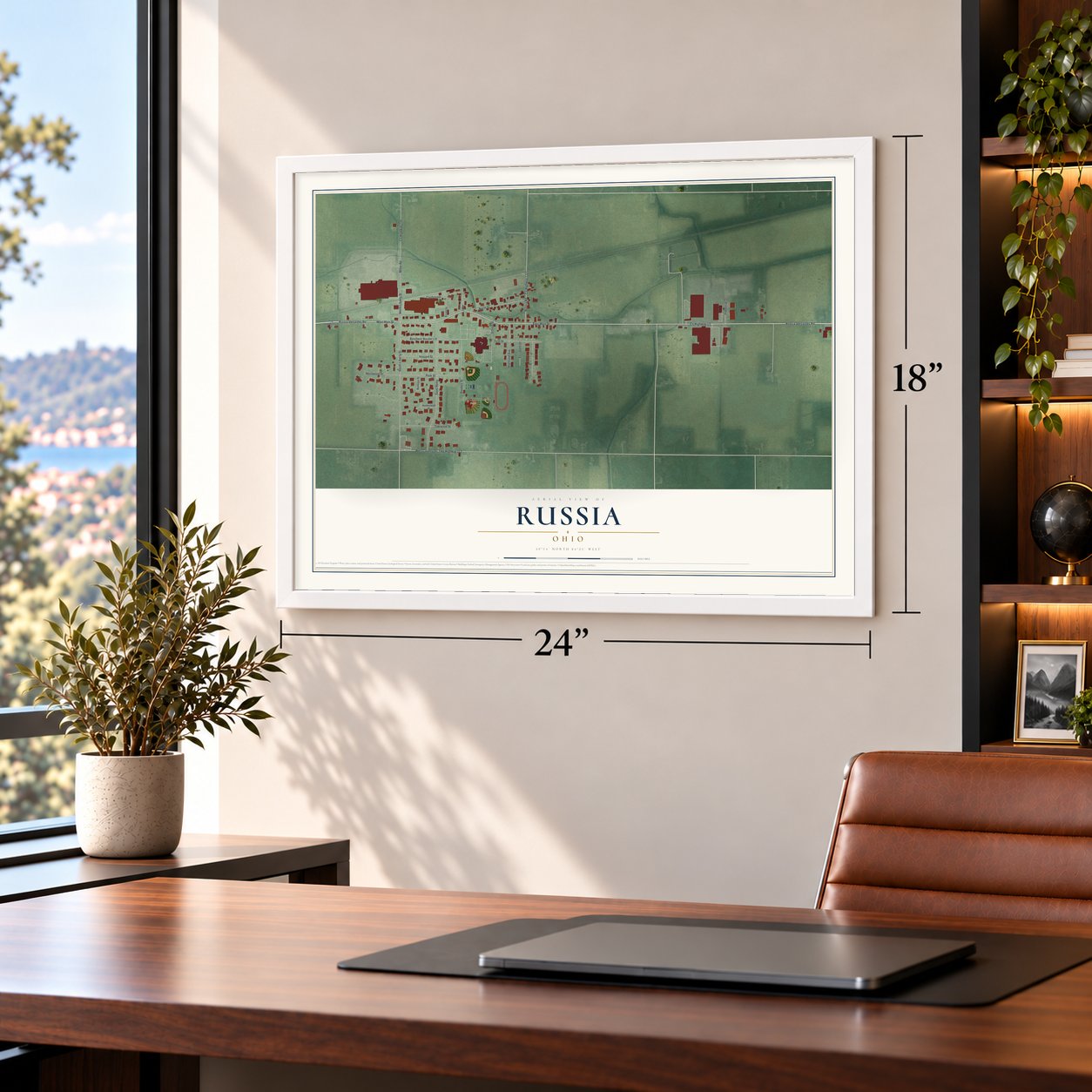 Russia, Ohio map, 18 x 24 inch print in a white frame in a home office