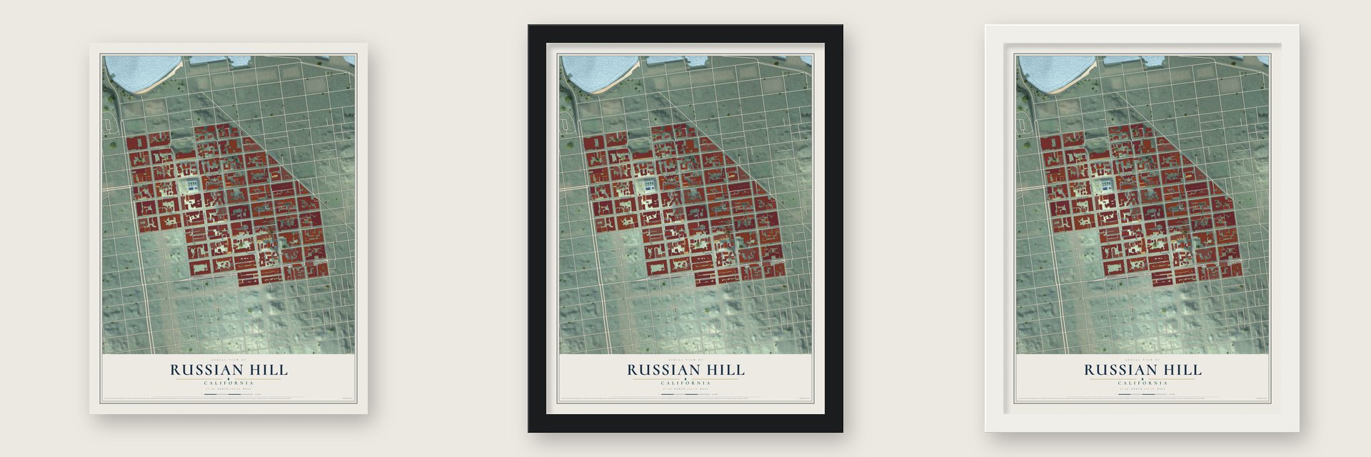 Russian Hill, California map unframed, in a black wood frame and in a white wood frame