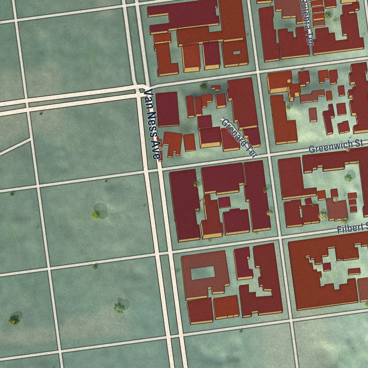 Second close-up of the map of Russian Hill, California print showing more streets and buildings