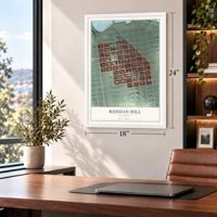 Russian Hill, California map, 18 x 24 inch print in a white frame in a home office