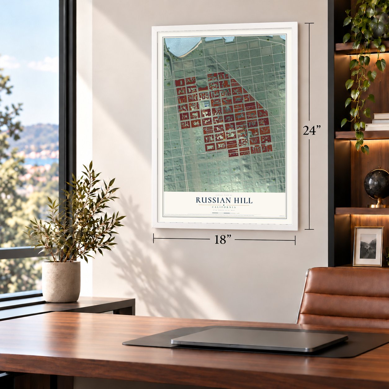Russian Hill, California map, 18 x 24 inch print in a white frame in a home office