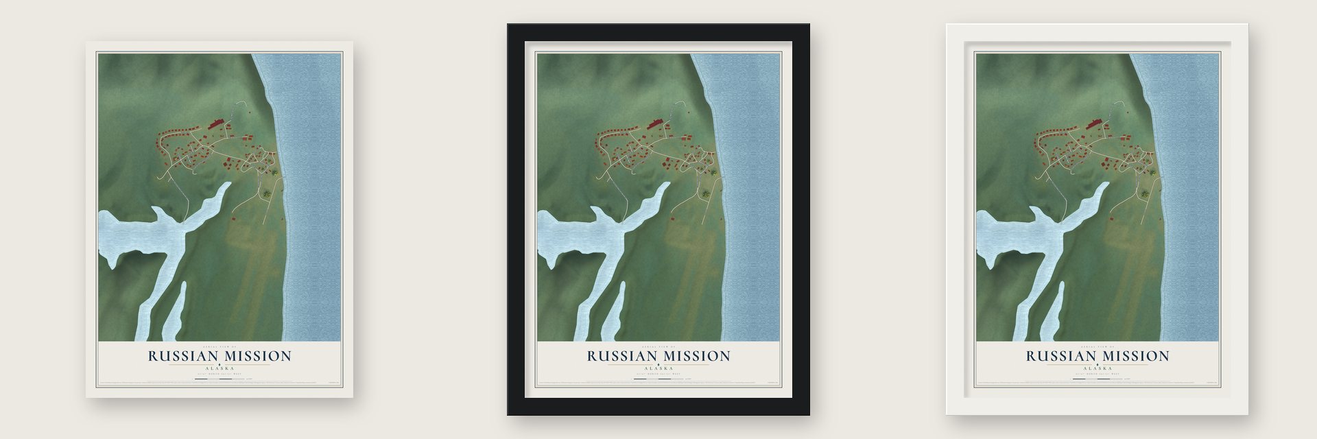 Russian Mission, Alaska map unframed, in a black wood frame and in a white wood frame