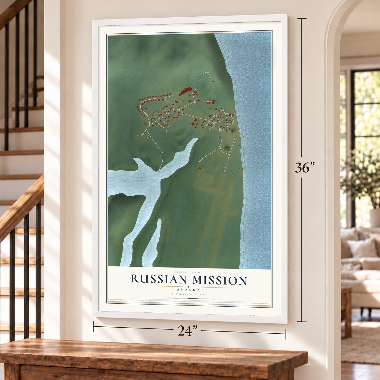 Russian Mission, Alaska map, 24 x 36 inch print in a white frame by a staircase