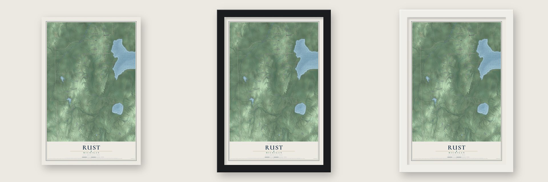 Rust, Michigan map unframed, in a black wood frame and in a white wood frame