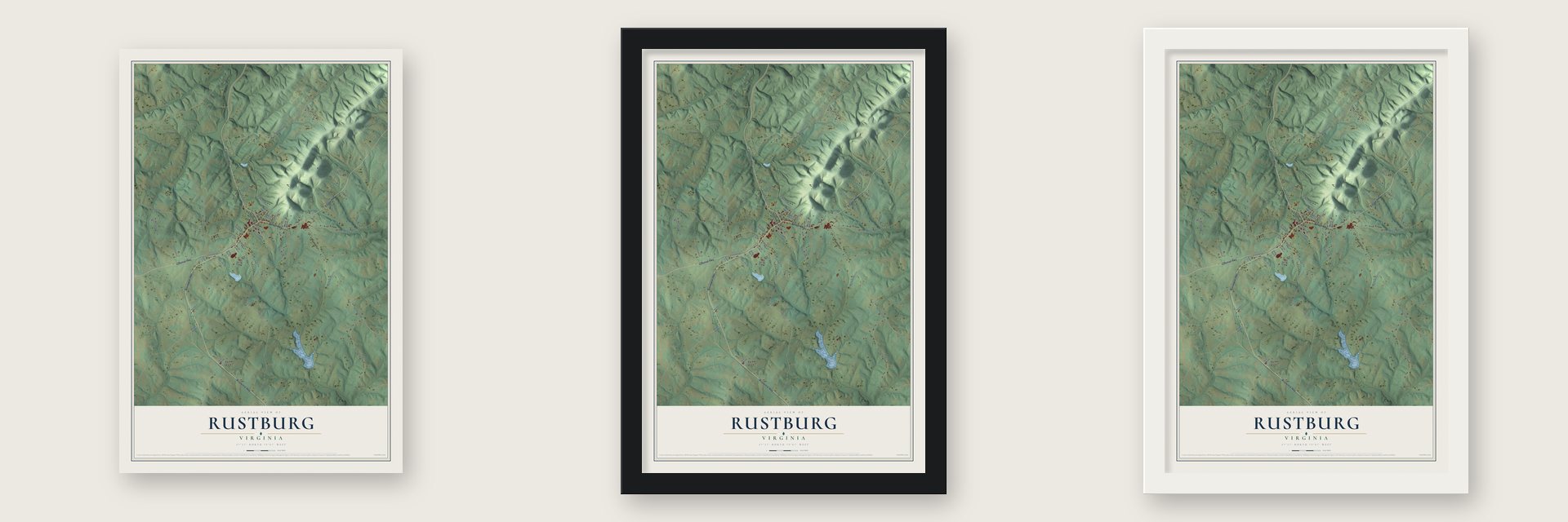 Rustburg, Virginia map unframed, in a black wood frame and in a white wood frame
