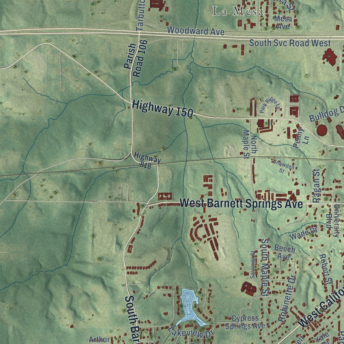 Second close-up of the map of Ruston, Louisiana print showing more streets and buildings