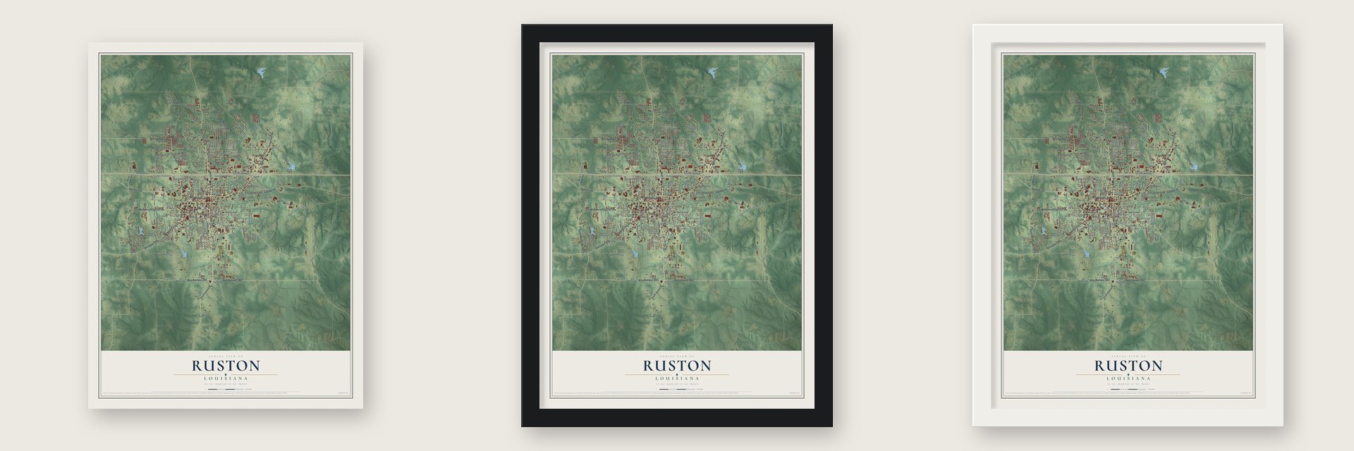 Ruston, Louisiana map unframed, in a black wood frame and in a white wood frame
