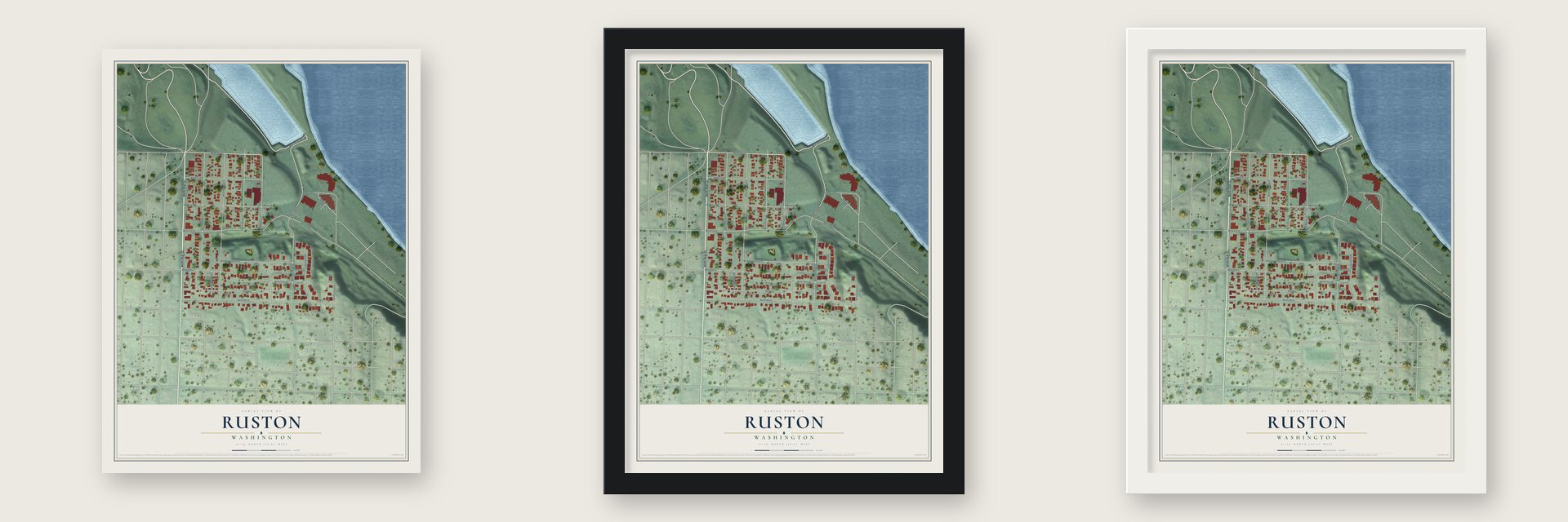 Ruston, Washington map unframed, in a black wood frame and in a white wood frame