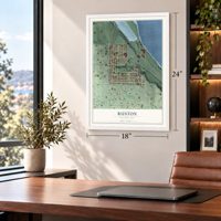 Ruston, Washington map, 18 x 24 inch print in a white frame in a home office