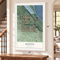 Ruston, Washington map, 24 x 36 inch print in a white frame by a staircase