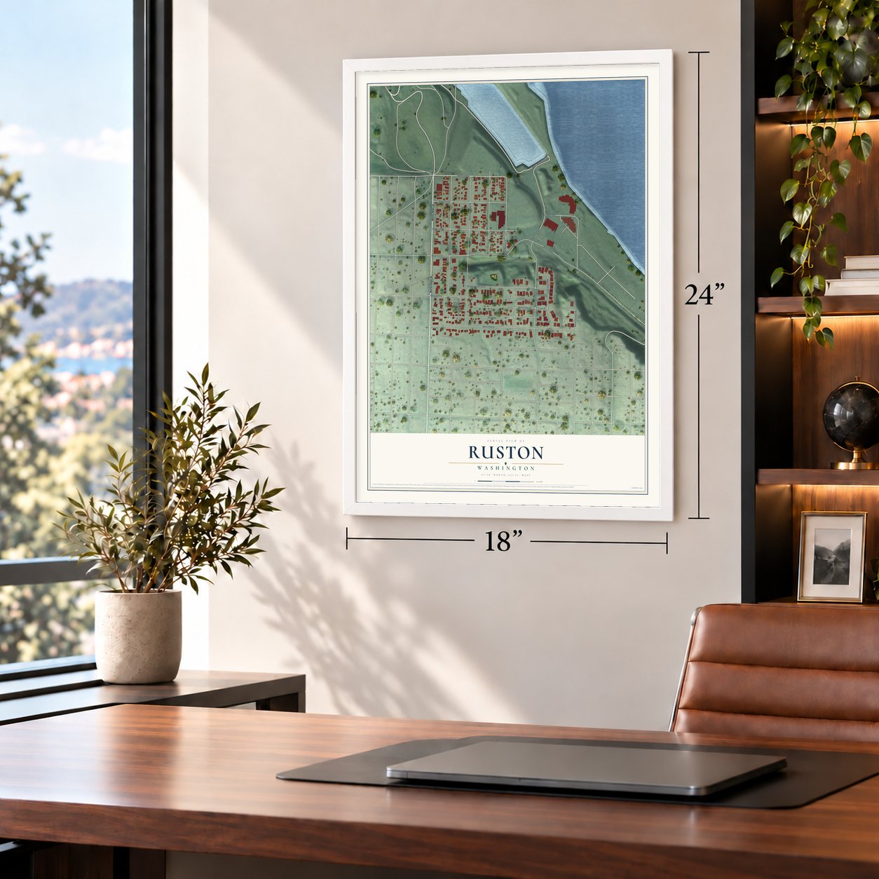 Ruston, Washington map, 18 x 24 inch print in a white frame in a home office