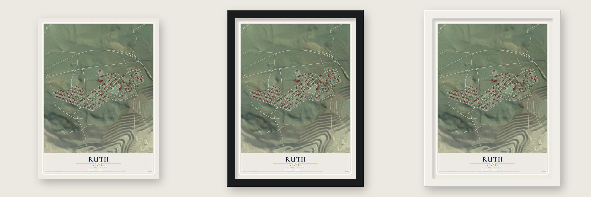 Ruth, Nevada map unframed, in a black wood frame and in a white wood frame