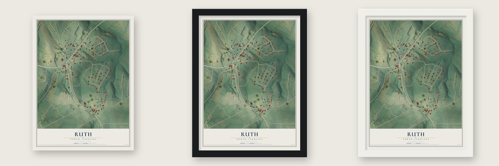 Ruth, North Carolina map unframed, in a black wood frame and in a white wood frame