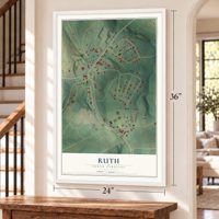 Ruth, North Carolina map, 24 x 36 inch print in a white frame by a staircase