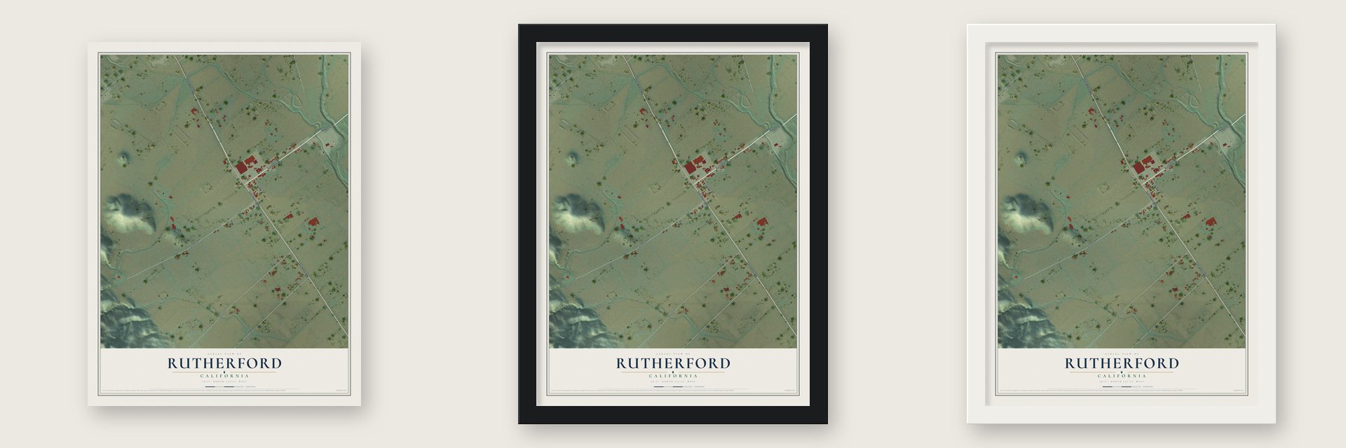 Rutherford, California map unframed, in a black wood frame and in a white wood frame