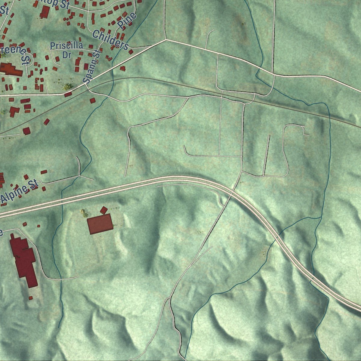 Second close-up of the map of Rutherford College, North Carolina print showing more streets and buildings