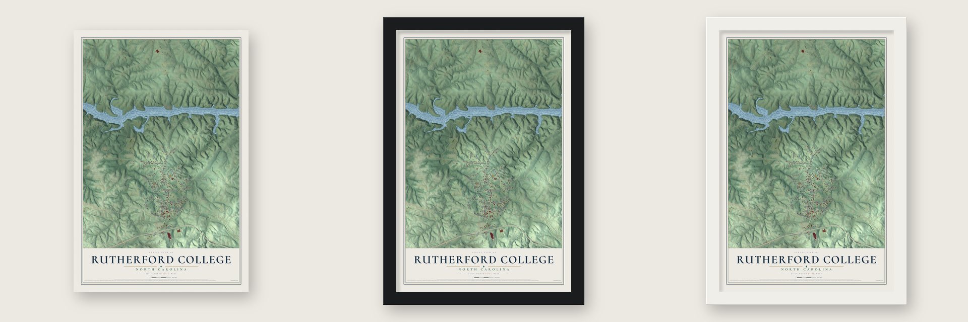 Rutherford College, North Carolina map unframed, in a black wood frame and in a white wood frame