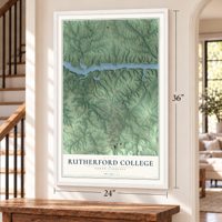 Rutherford College, North Carolina map, 24 x 36 inch print in a white frame by a staircase
