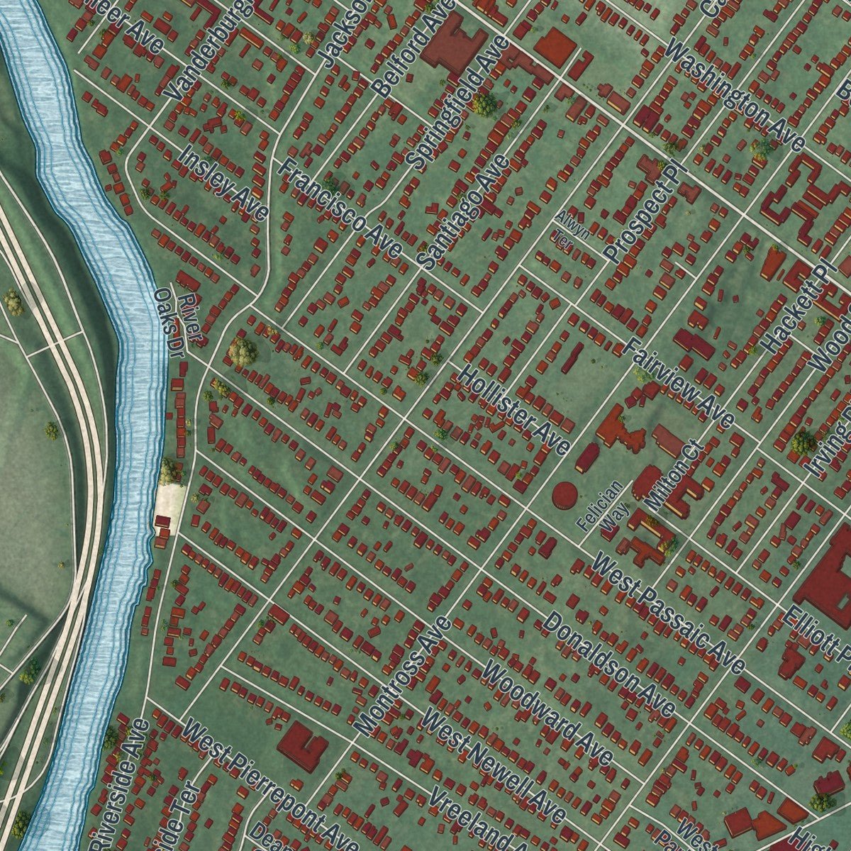 Second close-up of the map of Rutherford, New Jersey print showing more streets and buildings