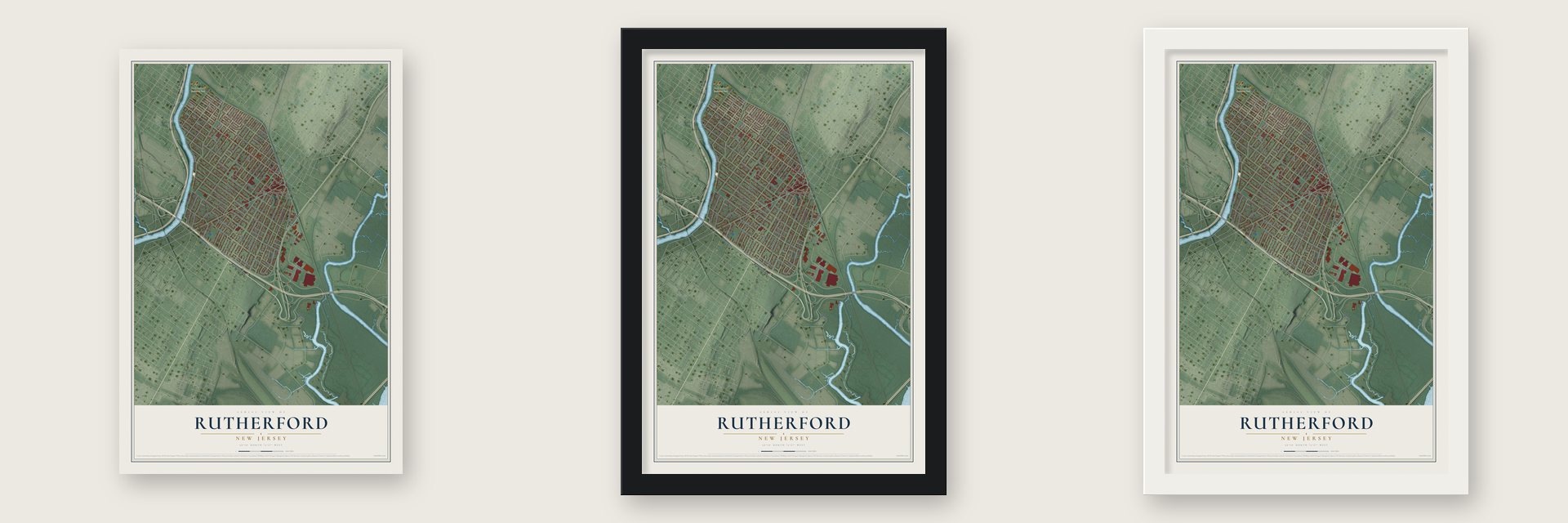 Rutherford, New Jersey map unframed, in a black wood frame and in a white wood frame