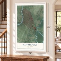 Rutherford, New Jersey map, 24 x 36 inch print in a white frame by a staircase