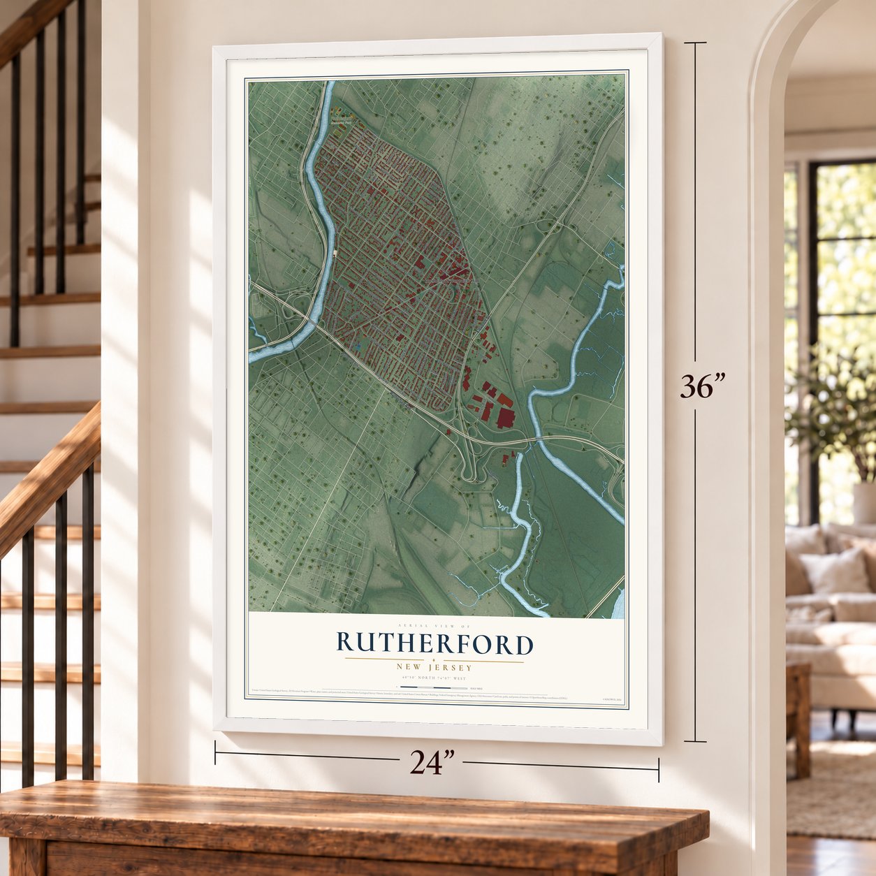 Rutherford, New Jersey map, 24 x 36 inch print in a white frame by a staircase