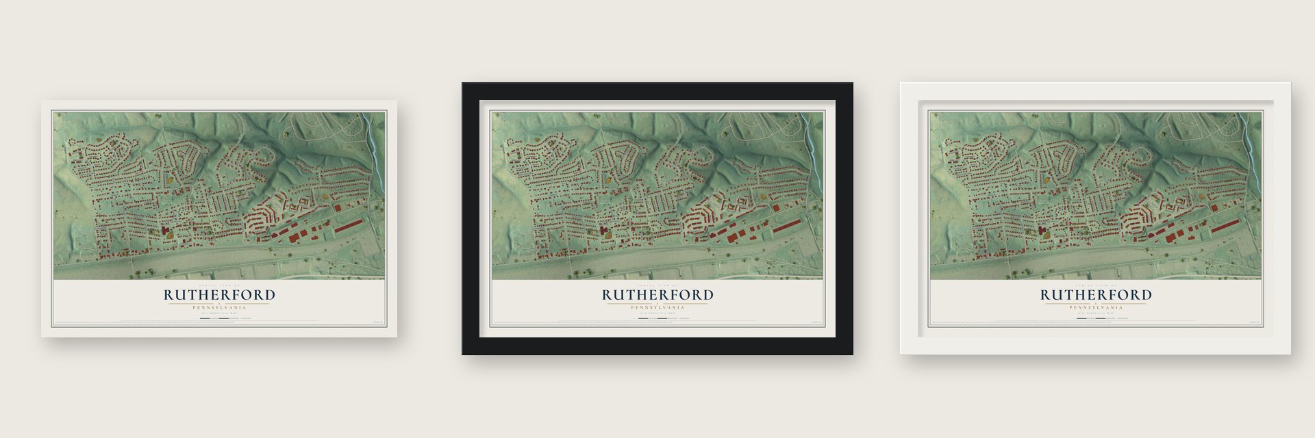 Rutherford, Pennsylvania map unframed, in a black wood frame and in a white wood frame