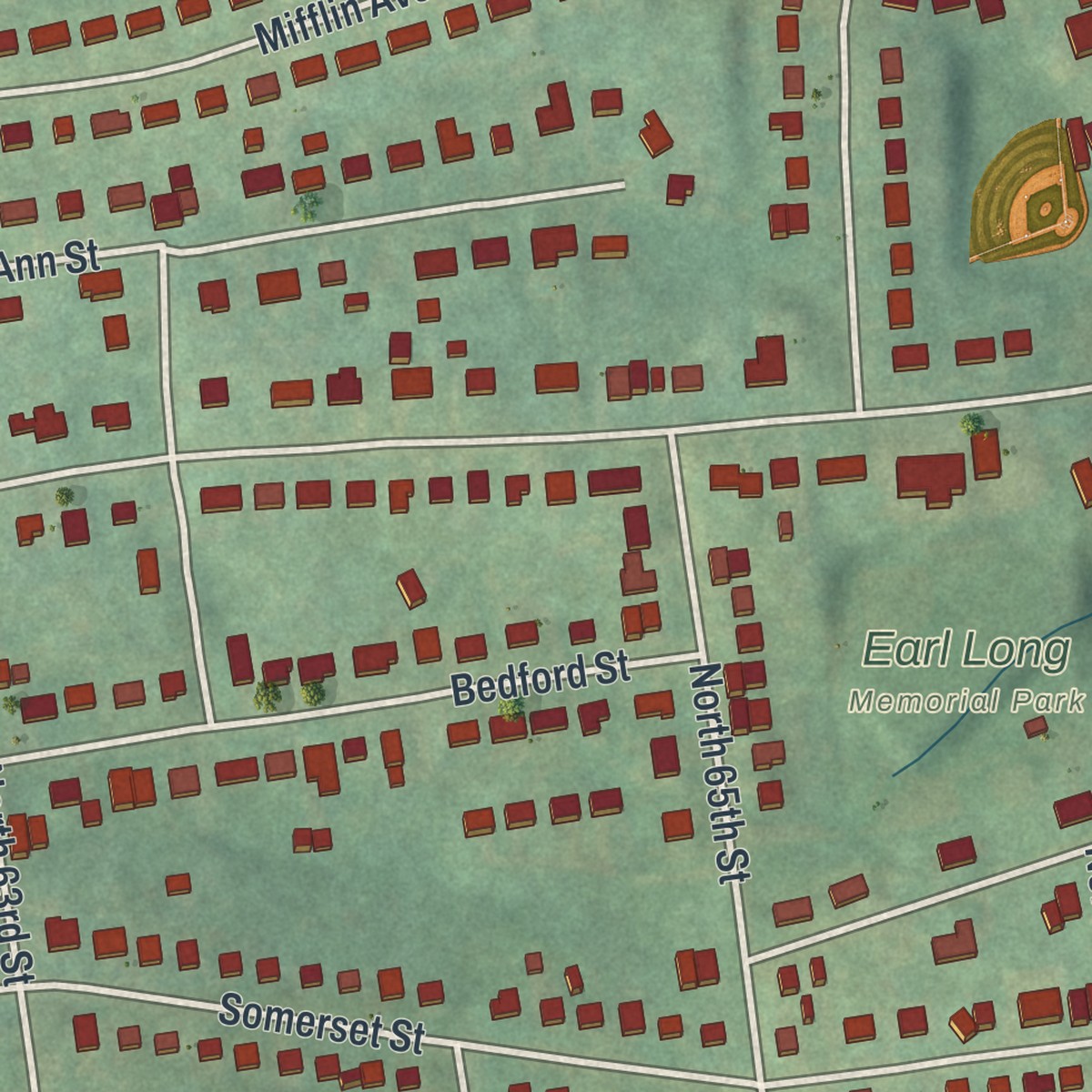 Second close-up of the map of Rutherford, Pennsylvania print showing more streets and buildings
