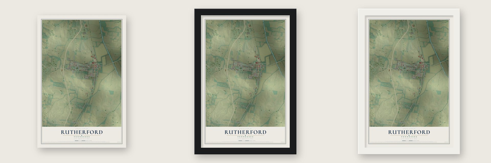 Rutherford, Tennessee map unframed, in a black wood frame and in a white wood frame