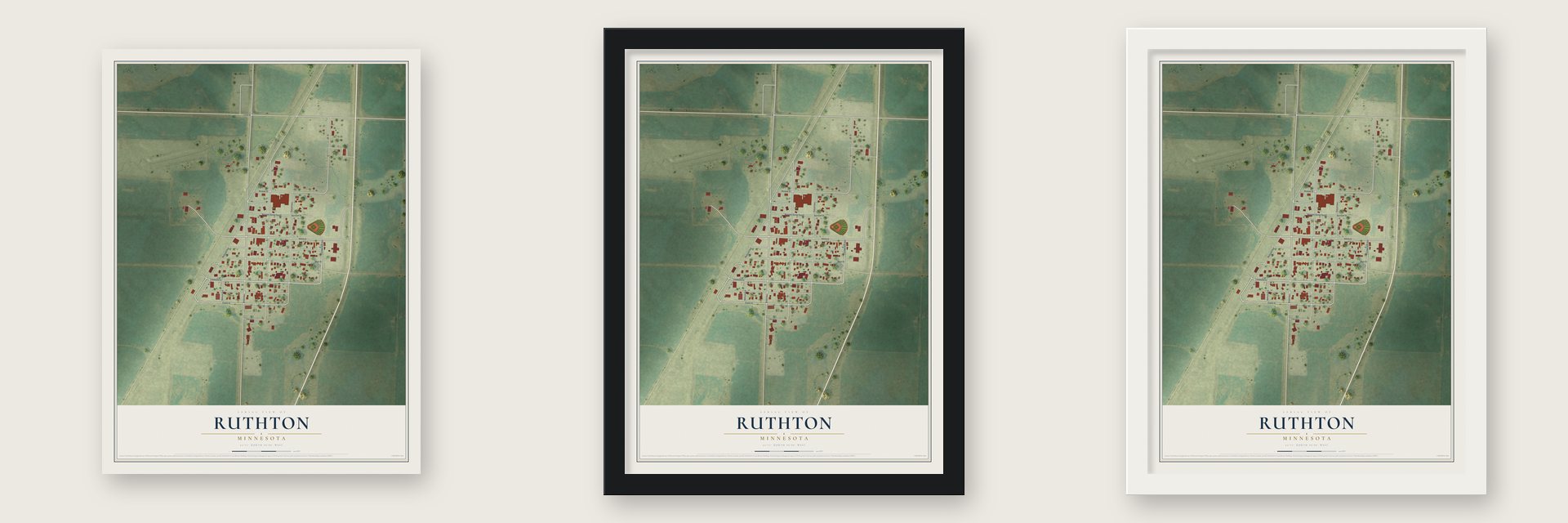 Ruthton, Minnesota map unframed, in a black wood frame and in a white wood frame