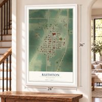 Ruthton, Minnesota map, 24 x 36 inch print in a white frame by a staircase