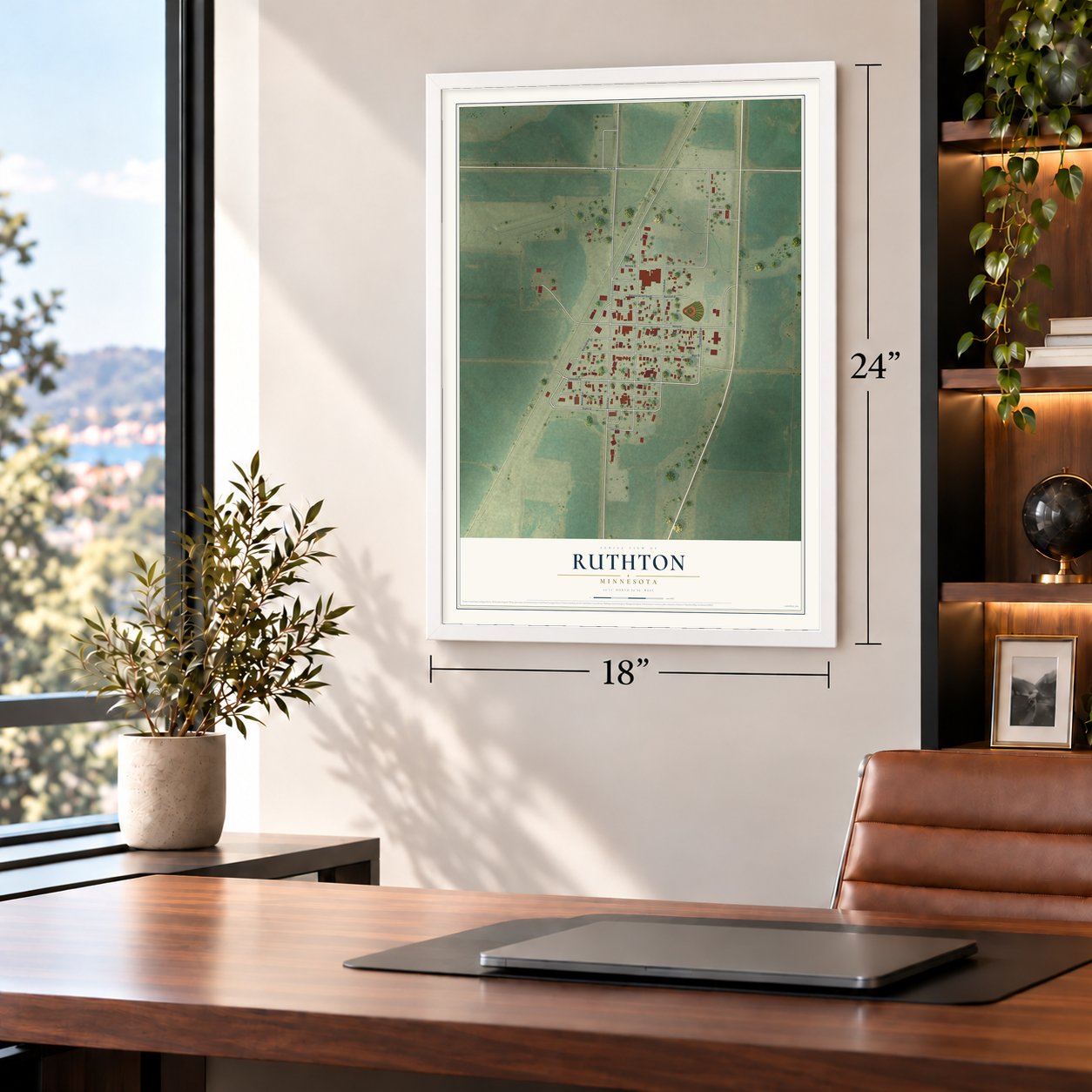 Ruthton, Minnesota map, 18 x 24 inch print in a white frame in a home office