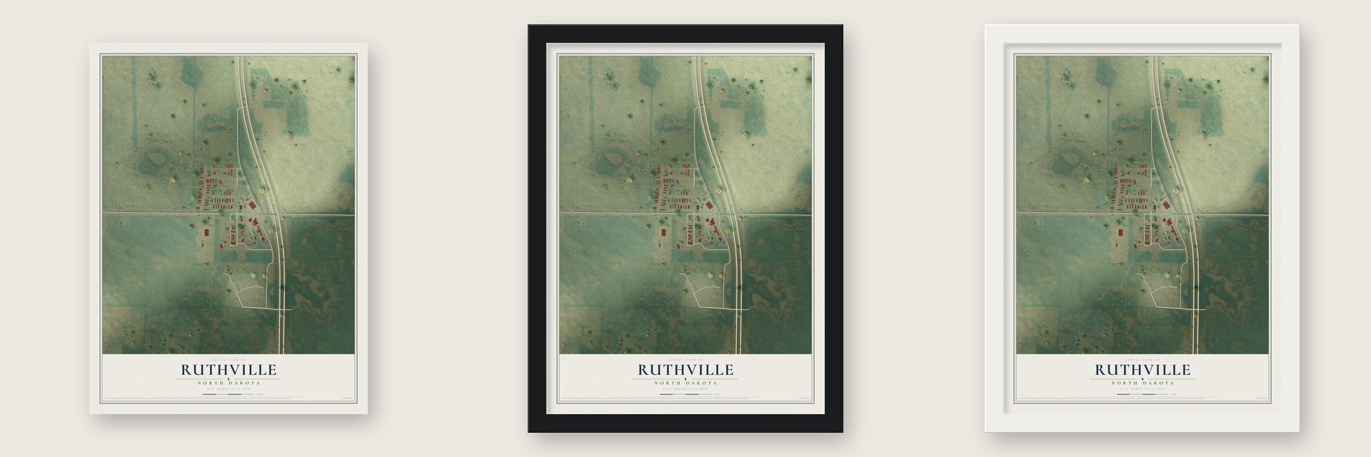 Ruthville, North Dakota map unframed, in a black wood frame and in a white wood frame
