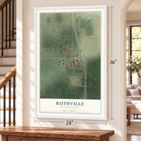 Ruthville, North Dakota map, 24 x 36 inch print in a white frame by a staircase