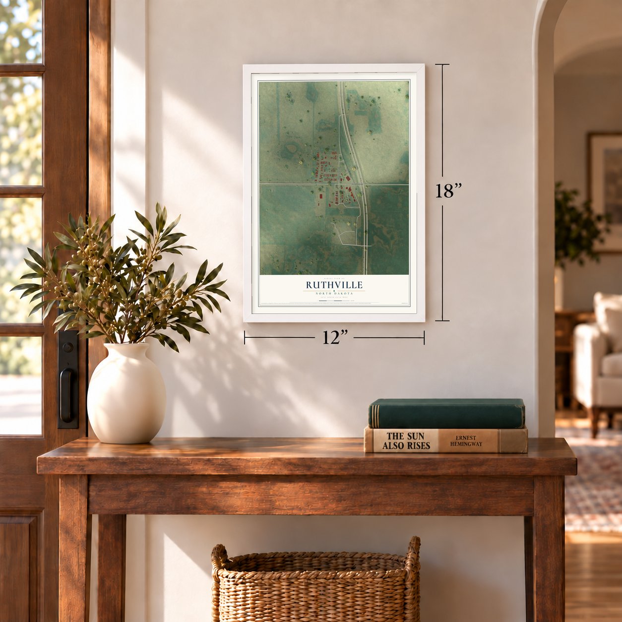 Ruthville, North Dakota map, 12 x 18 inch print in a white frame in an entryway