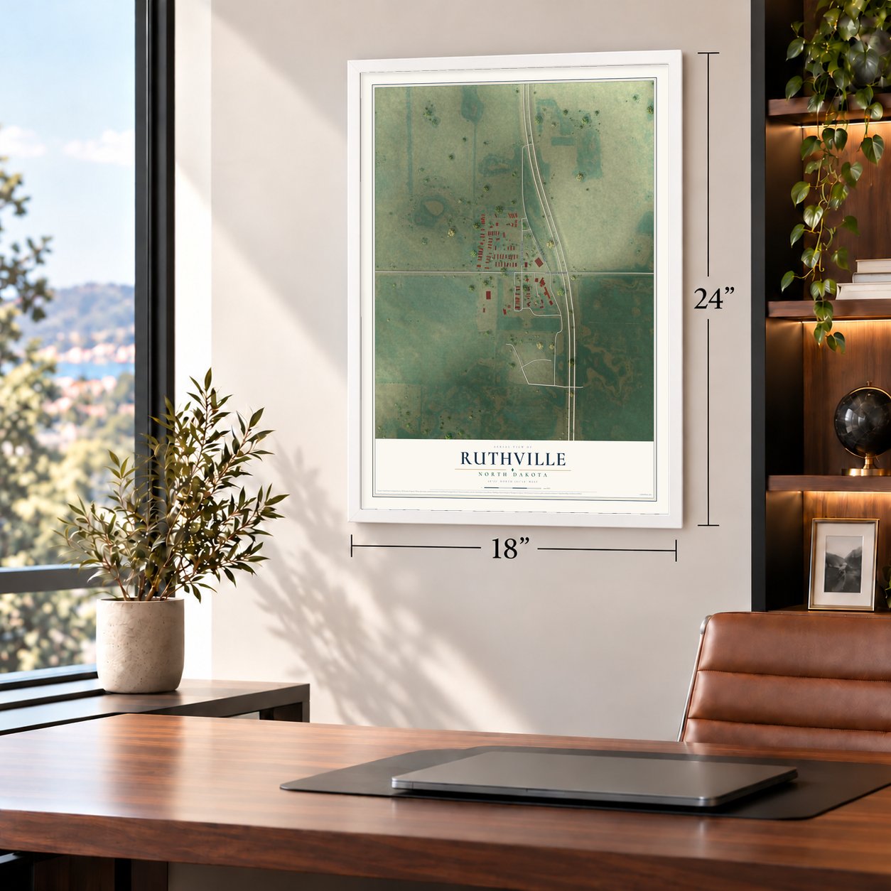 Ruthville, North Dakota map, 18 x 24 inch print in a white frame in a home office