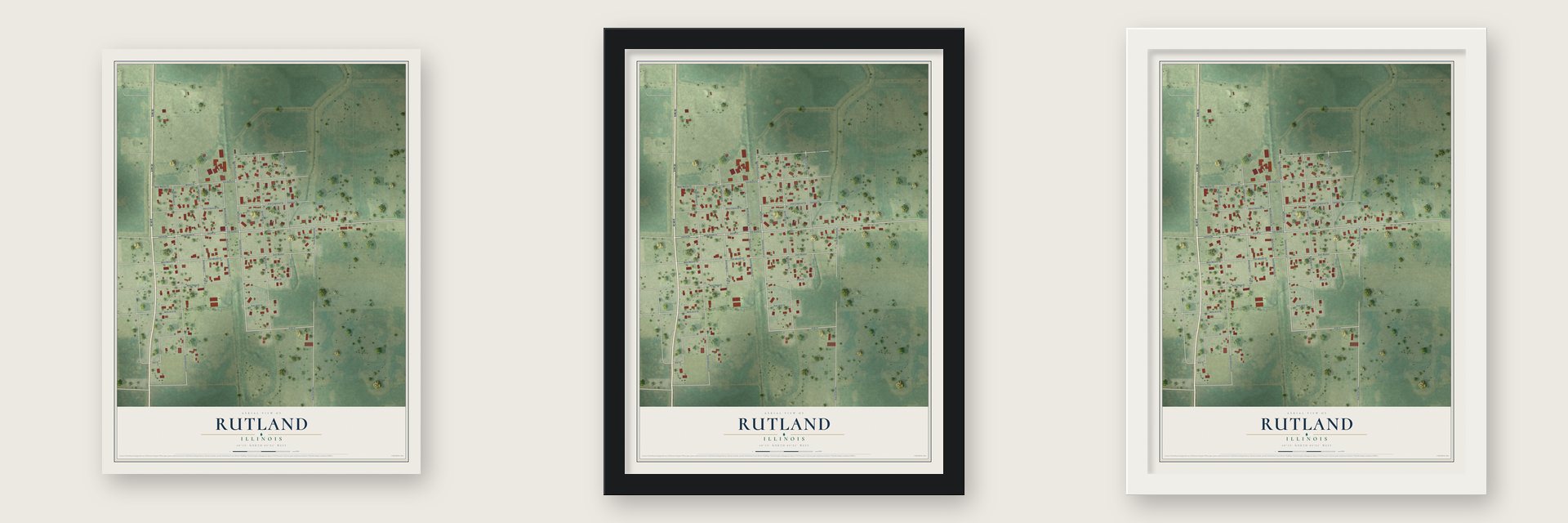 Rutland, Illinois map unframed, in a black wood frame and in a white wood frame