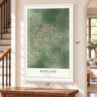 Rutland, Illinois map, 24 x 36 inch print in a white frame by a staircase