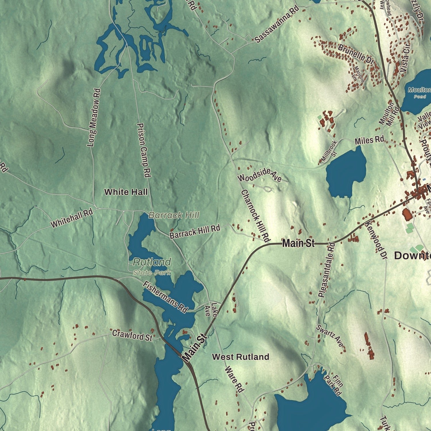Close-up of the map of Rutland, Massachusetts print showing terrain and local geography