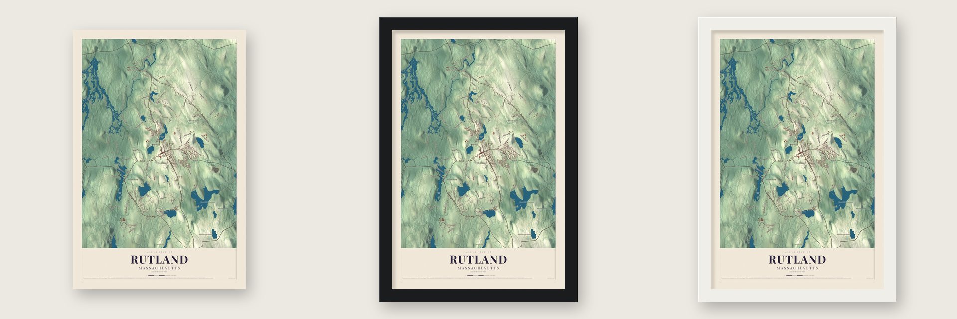Rutland, Massachusetts map unframed, in a black wood frame and in a white wood frame