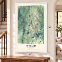 Rutland, Massachusetts map, 24 x 36 inch print in a white frame by a staircase