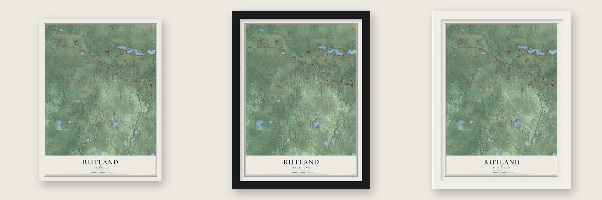 Rutland, Michigan map unframed, in a black wood frame and in a white wood frame