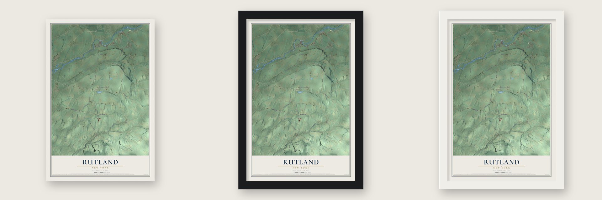 Rutland, New York map unframed, in a black wood frame and in a white wood frame