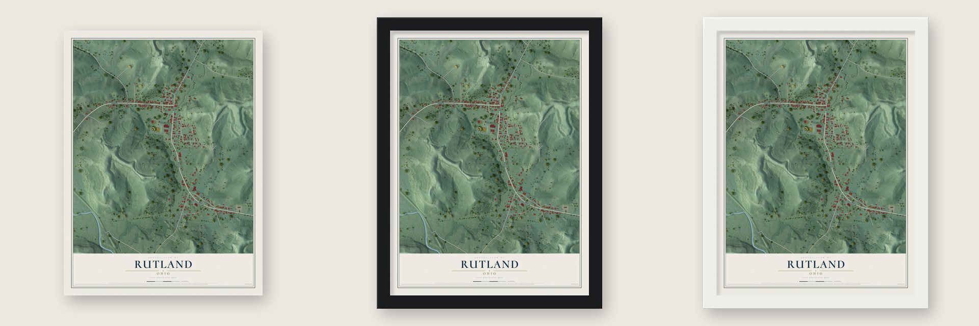 Rutland, Ohio map unframed, in a black wood frame and in a white wood frame