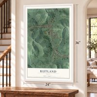Rutland, Ohio map, 24 x 36 inch print in a white frame by a staircase