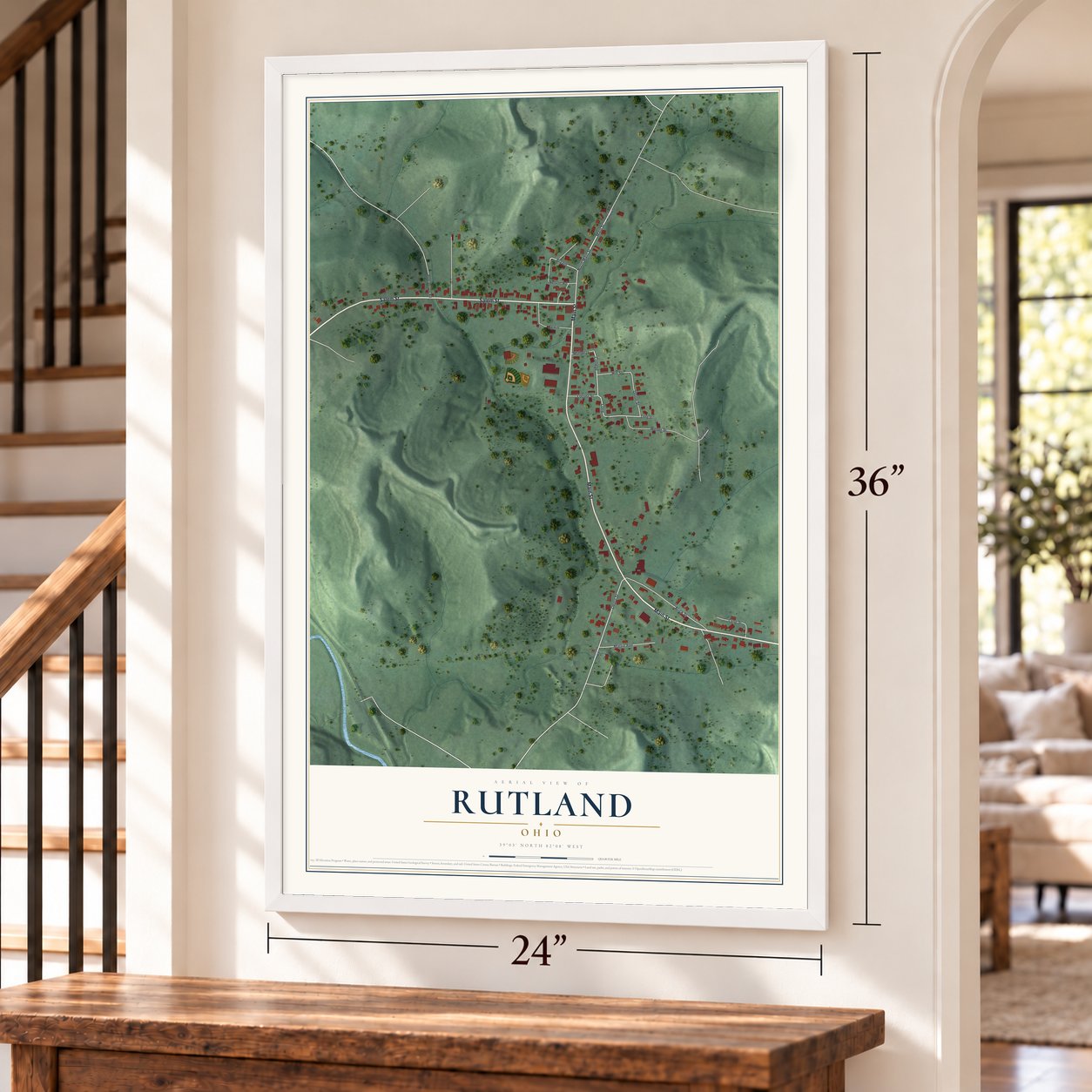 Rutland, Ohio map, 24 x 36 inch print in a white frame by a staircase