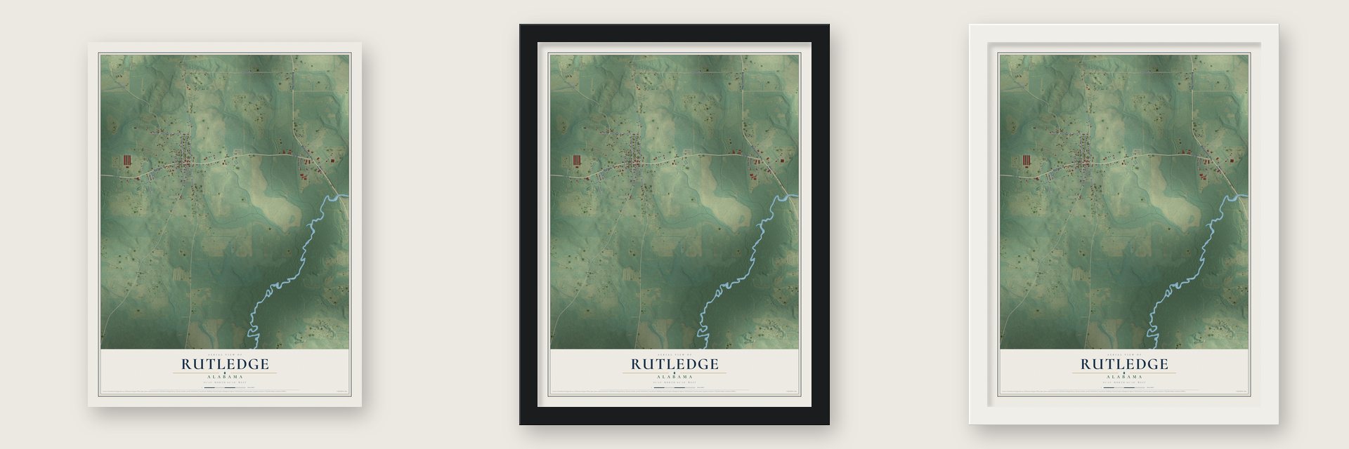 Rutledge, Alabama map unframed, in a black wood frame and in a white wood frame